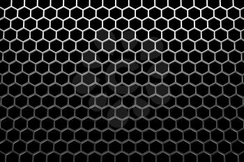Steel grid with hexagonal holes and reflection on black background under the top straight light, abstract textured background