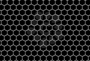 Steel grid with hexagonal holes and reflection on black industrial abstract textured seamless background