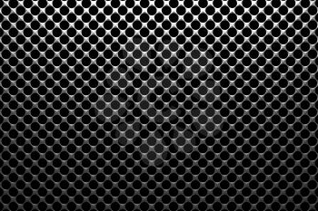 Steel grid with round holes and reflection on black background under the top straight light, abstract textured background