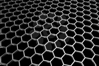 Steel grid with hexagonal holes and reflection on black background in diagonal perspective view