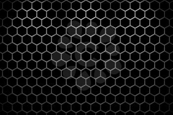 Steel grid with hexagonal holes and reflection on black background under the three vertical spot lights, abstract textured background