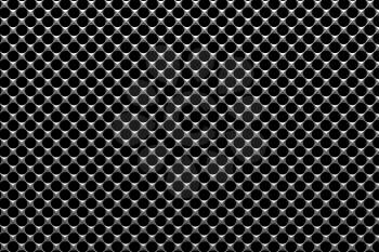 Steel grid with round holes and reflection on black background under the light in front view, abstract textured background