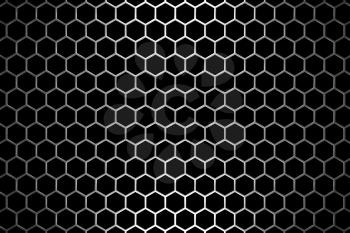 Steel grid with hexagonal holes and reflection on black background under the straight central light, abstract textured background