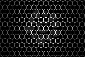 Steel grid with hexagonal holes and reflection on black background under the round central light, abstract textured background