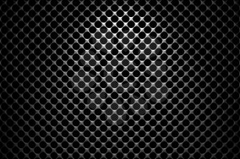 Steel grid with round holes and reflection on black background under the spot light, abstract textured background