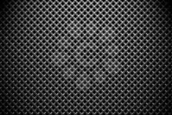 Braided diagonally oriented wire steel grid with reflections on black background under the wide spot light, abstract textured background