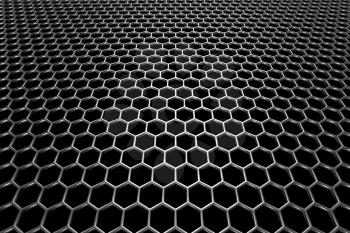 Steel grid with hexagonal holes and reflection on black background in perspective view
