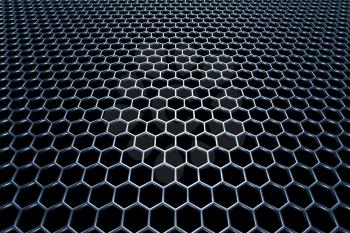 Blue steel grid with hexagonal holes and reflection on black background in perspective view
