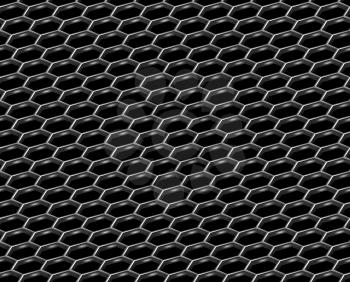 Steel grid with hexagonal holes and reflection on black diagonal view industrial abstract textured seamless background