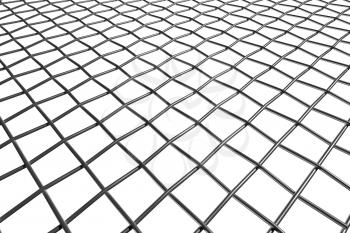 Braided wire steel net in perspective view on white background, abstract industrial texture