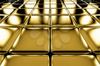 Golden cubes flooring perspective view shiny abstract industrial background