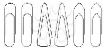 Set of metal paperclips of various shapes isolated on white background