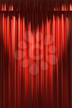 Red silk curtain with gathers under two diagonal spot lights in the shape of heart