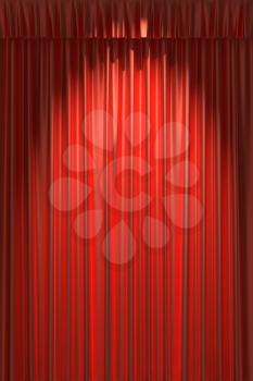 Red silk curtain with gathers under the spot light
