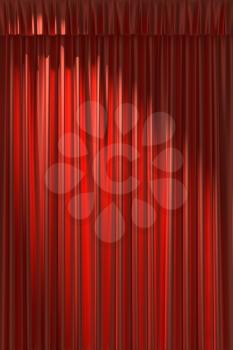Red silk curtain with gathers under the diagonal spot light
