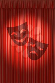 Red theater curtain with shadow of two masks with gathers under round spot light