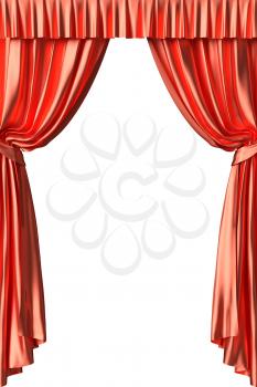 Red silk theater curtain with gathers under the lights  on white background