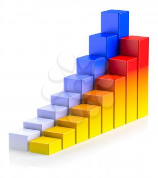 Abstract creative statistics, financial growth, business success and development concept: bright colorful growing bar chart in two rows on white background with reflection, 3d illustration