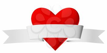 Red heart symbol with white ribbon isolated on white background, 3D illustration