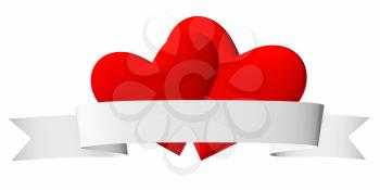 Couple of red hearts symbol with white ribbon isolated on white background, 3D illustrationion