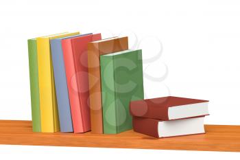 Colored books on simple wooden bookshelf isolated on white 3D illustration