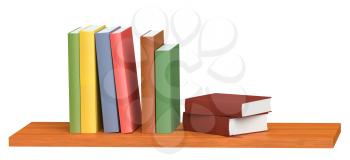 Colored books on simple wooden bookshelf isolated on white 3D illustration