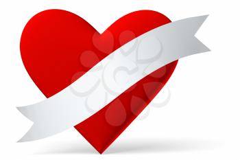 Red heart with white ribbon isolated on white background, 3D illustration