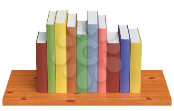 Simple wooden bookshelf with colored books isolated on white 3D illustration