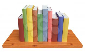 Simple wooden bookshelf with colored books isolated on white 3D illustration