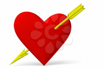 Red heart symbol with golden arrow isolated on white background, 3D illustration