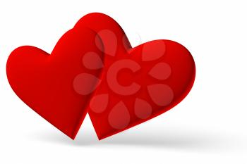 Couple of red hearts symbol with isolated on white background, 3D illustration, diagonal view
