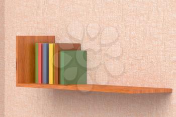 Colored books on wooden bookshelf on the wall with pink wallpaper 3D illustration