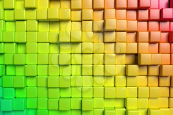 Abstract conceptual design of the wall: abstract colorful red and green graphic background made of colored cubes in front view, 3d illustration