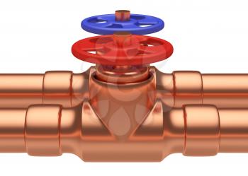 Plumbing pipeline with cold water and hot water pipes water supply system industrial construction: red valve and blue valve on two copper pipes closeup isolated on white background, industrial 3D illu