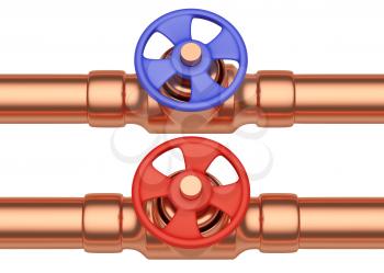 Plumbing pipeline with cold water and hot water pipes water supply system industrial construction: red valve and blue valve on two copper pipes isolated on white background, industrial 3D illustration