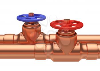 Plumbing pipeline with hot water and cold water pipes water supply system industrial construction: blue valve and red valve on two copper pipes closeup isolated on white background, industrial 3D illu