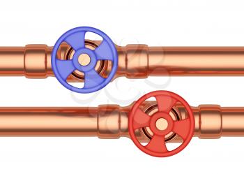 Plumbing pipeline with hot water and cold water pipes water supply system industrial construction: blue valve and red valve on two copper pipes isolated on white background, industrial 3D illustration