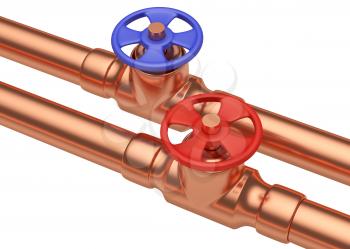 Plumbing pipeline with hot water and cold water pipes water supply system industrial construction: blue valve and red valve on two copper pipes isolated on white background, diagonal view, industrial 