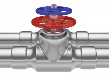 Plumbing pipeline with cold water and hot water pipes water supply system industrial construction: red valve and blue valve on two steel pipes isolated on white background, industrial 3D illustration