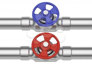 Plumbing pipeline with cold water and hot water pipes water supply system industrial construction: red valve and blue valve on two steel pipes isolated on white background, industrial 3D illustration,