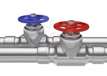 Plumbing pipeline with hot water and cold water pipes water supply system industrial construction: blue valve and red valve on two steel pipes isolated on white background, industrial 3D illustration