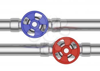Plumbing pipeline with hot water and cold water pipes water supply system industrial construction: blue valve and red valve on two steel pipes isolated on white background, industrial 3D illustration,