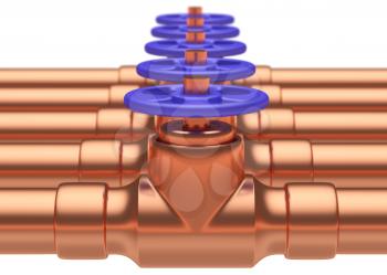 Abstract creative plumbing or gas pipeline industrial concept: copper pipes series with blue valves and selective focus effect, focuse on valve with shallow depth of field, industrial 3D illustration