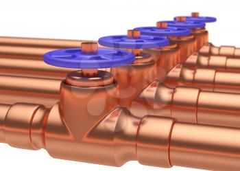 Abstract creative plumbing or gas pipeline industrial concept: copper pipes series with blue valves and selective focus effect, focuse on valve, shallow depth of field, industrial 3D illustration