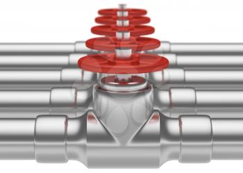 Abstract creative plumbing or gas pipeline industrial concept: steel pipes series with red valves and selective focus effect, focuse on valve with shallow depth of field, industrial 3D illustration