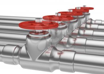 Abstract creative plumbing or gas pipeline industrial concept: steel pipes series with red valves and selective focus effect, focuse on valve, shallow depth of field, industrial 3D illustration