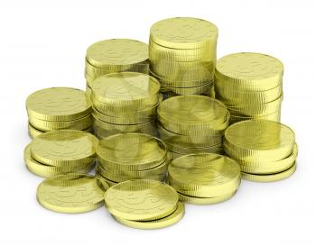 Business finance, financial success and wealth abstract creative concept: heap of gold dollar coins towers arranged in golden stack with small shadows isolated on white background, diagonal view