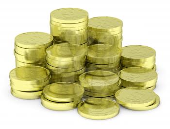 Business finance, financial success and wealth abstract creative concept: heap of gold dollar coins towers arranged in golden stack with small shadows isolated on white background diagonal view