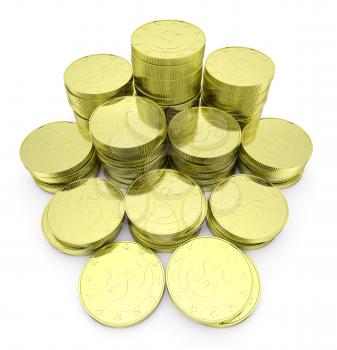 Business finance, financial success and wealth abstract creative concept: heap of gold dollar coins towers arranged in golden stack with small shadows isolated on white background close-up view