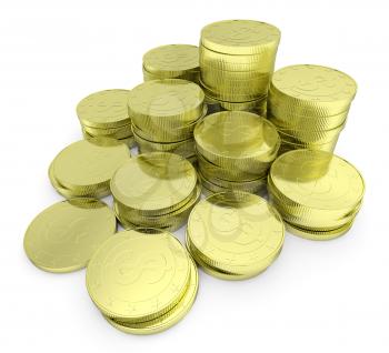 Business finance, financial success and wealth abstract creative concept: heap of gold dollar coins towers arranged in golden stack with small shadows isolated on white background closeup diagonal vie